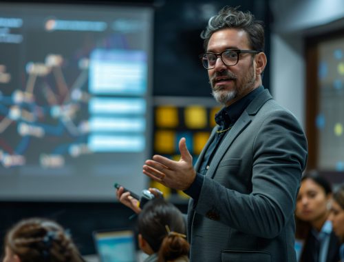 A businessman is presenting information to an audience, gesturing towards a large screen displaying data visualization. The man is wearing a suit and glasses, and the audience is attentive A businessman is presenting information to an audience, gesturing towards a large screen displaying data visualization. The man is wearing a suit and glasses, and the audience is attentive.