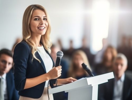 Female speaker giving a talk on corporate business conference. Unrecognizable people in audience at conference hall. Business and Entrepreneurship event Female speaker giving a talk on corporate business conference. Unrecognizable people in audience at conference hall. Business and Entrepreneurship event