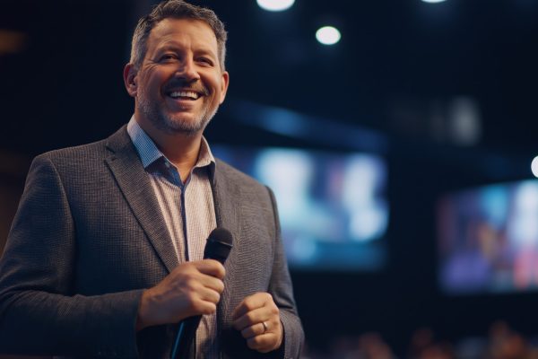 Evangelical pastor in his late 40s delivering a sermon to a congregation. he holds a microphone while smiling warmly, dressed in a suit and tie, with softly illuminated screens in the background. the ambiance is uplifting and spiritual.